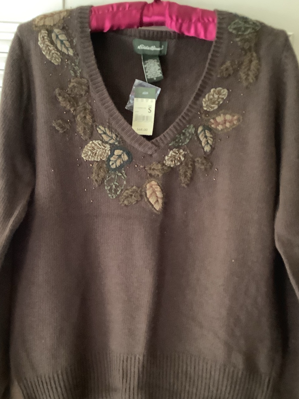 Eddie Bauer Brown V-Neck Sweater with Leaf Embroidery